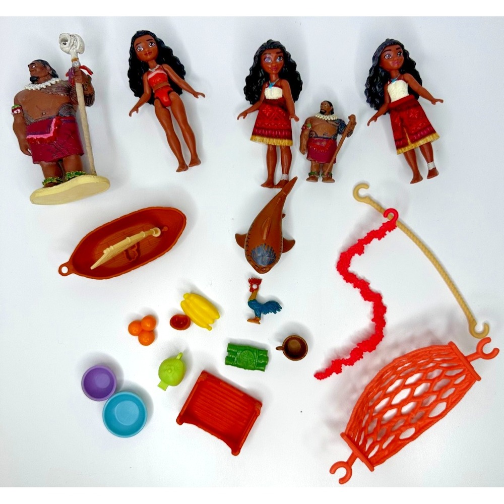 Disney Moana Chief Tiu Maui  Hei Hei Food Boat Parts Toy Figure lot 17 Pc